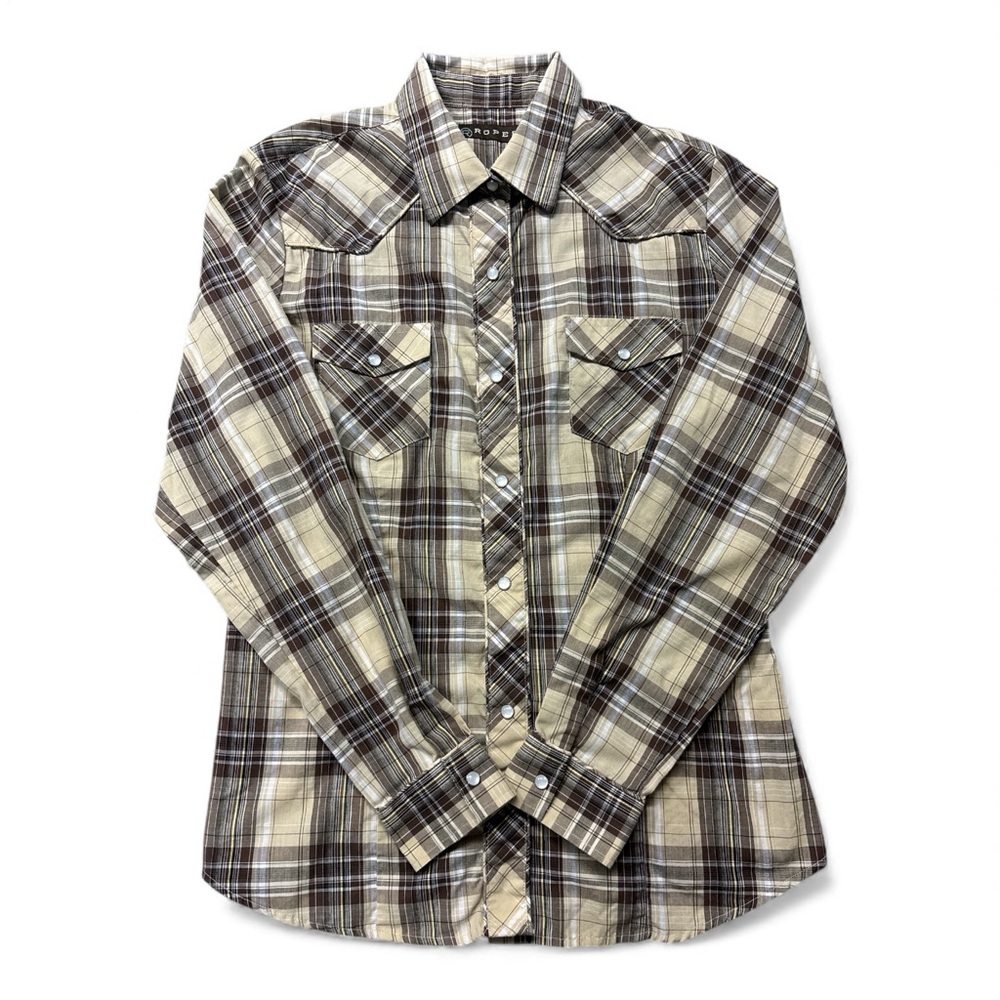 Roper Women’s  Beige  Plaid Snap  Shirt, size medium
